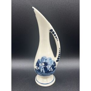 Hand Painted Delft Pitcher Vase‎ Holland Vintage w/ Windmill Design Small As Is